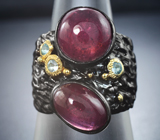 Серебряное кольцо с пурпурно-розовыми сапфирами 9+ карат и голубыми топазами Серебро 925