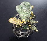 Серебряное кольцо с резным зеленым аметистом, турмалинами и сапфирами Серебро 925