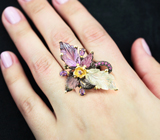 Серебряное кольцо с резными празиолитом, аметистами, арбузным турмалином и пурпурно-розовыми сапфирами Серебро 925