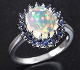 Серебряное кольцо с кристаллическим эфиопским опалом и синими сапфирами бриллиантовой огранки Серебро 925