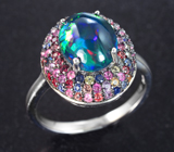 Праздничное серебряное кольцо с черным опалом и разноцветными сапфирами бриллиантовой огранки Серебро 925