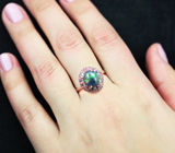 Праздничное серебряное кольцо с черным опалом и разноцветными сапфирами бриллиантовой огранки Серебро 925