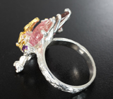Серебряное кольцо с резными розовыми турмалинами и аметистами Серебро 925