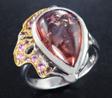 Серебряное кольцо с турмалином 6,55 карата и розовыми сапфирами