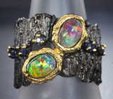 Серебряное кольцо с кристаллическими черными опалами и синими сапфирами Серебро 925