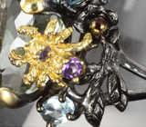 Серебряное кольцо с празиолитом, аметистами, голубыми топазами и альмандином гранатом Серебро 925
