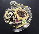 Серебряное кольцо с турмалином, рубином и перидотами