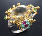 Серебряное кольцо с цитрином, рубинами и изумрудами Серебро 925