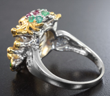Серебряное кольцо с цитрином, рубинами и изумрудами