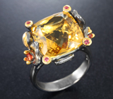 Серебряное кольцо с цитрином 10,63 карата, красными и оранжевыми сапфирами Серебро 925