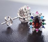 Серебряные пусеты с альмандинами гранатами, бирюзой, лабораторными рубинами и сапфирами