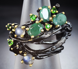 Серебряное кольцо с изумрудами, лунным камнем, желто-зелеными турмалинами и диопсидами Серебро 925