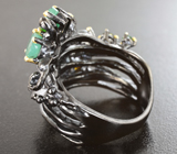 Серебряное кольцо с изумрудами, лунным камнем, желто-зелеными турмалинами и диопсидами Серебро 925