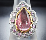 Серебряное кольцо с розовым турмалином 7,38 карата и сапфирами