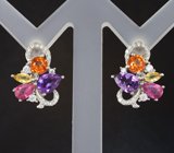Серебряные серьги с аметистами, спессартинами гранатами, цитринами и рубинами