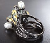Серебряное кольцо с резным аквамарином и жемчугом Серебро 925