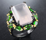 Серебряное кольцо с розовым кварцем, зелеными турмалинами и диопсидами Серебро 925