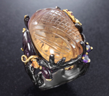 Серебряное кольцо с резным аметрином 35+ карат, родолитами, аметистами и желтыми турмалинами