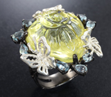 Серебряное кольцо с резным лимонным цитрином 30+ карат и голубыми топазами Серебро 925