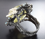Серебряное кольцо с резным лимонным цитрином 30+ карат и голубыми топазами Серебро 925