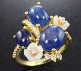 Чудесное серебряное кольцо с синими сапфирами и резным перламутром Серебро 925