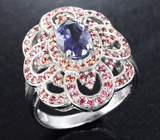 Великолепное серебряное кольцо с иолитом, розовыми и падпараджа сапфирами Серебро 925