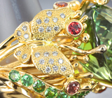 Коктейльное золотое кольцо с крупным ярким мятно-зеленым турмалином 18,23 карата, красными и оранжевыми сапфирами, цаворитами и бриллиантами Золото