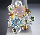 Серебряное кольцо с розовым кварцем, голубым топазом, желтыми турмалинами и диопсидами Серебро 925