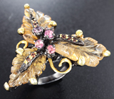 Серебряное кольцо с резными цитринами 25+ карат, розовыми турмалинами и альмандинами гранатами