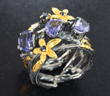 Серебряное кольцо с иолитами и синими сапфирами Серебро 925