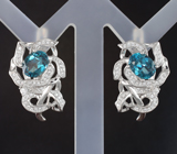 Ажурные серебряные серьги с насыщенно-синими топазами Серебро 925