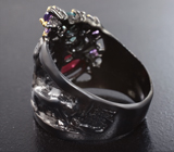 Серебряное кольцо cо звездчатым рубином, «неоновыми» апатитами и аметистами Серебро 925