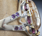 Серебряное кольцо с розовым кварцем, родолитами и аметистами  Серебро 925