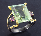 Серебряное кольцо с зеленым аметистом авторской огранки и розовыми турмалинами Серебро 925