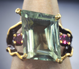 Серебряное кольцо с зеленым аметистом авторской огранки и розовыми турмалинами Серебро 925