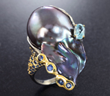 Серебряное кольцо с цветной жемчужиной барокко 46,31 карата, голубым топазом и синими сапфирами Серебро 925