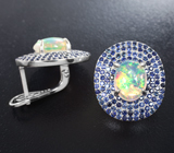 Роскошные серебряные серьги с кристаллическими эфиопскими опалами и синими сапфирами бриллиантовой огранки Серебро 925