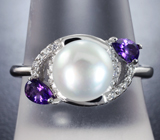Чудесное серебряное кольцо с жемчужиной и аметистами 