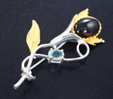 Серебряная брошь с дымчатым кварцем и голубым топазом Серебро 925
