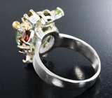 Серебряное кольцо с зеленым аметистом 12+ карат, родолитом, перидотом и разноцветными турмалинами Серебро 925