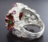 Серебряное кольцо с рутиловым кварцем, диопсидами и аметистами