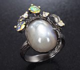 Серебряное кольцо с лунным камнем с эффектом кошачьего глаза и кристаллическими эфиопскими опалами