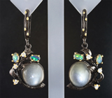 Серебряные серьги с лунным камнем с эффектом кошачьего глаза и кристаллическими эфиопскими опалами Серебро 925