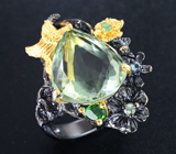 Серебряное кольцо с зеленым аметистом, диопсидом, топазом, изумрудом, цаворитом и синим сапфиром