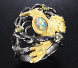 Серебряное кольцо с кристаллическим эфиопским опалом, зелеными турмалинами и черной шпинелью Серебро 925