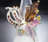 Серебряное кольцо с цитринами, разноцветными турмалинами и родолитами Серебро 925