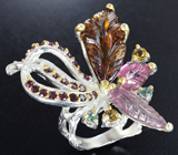 Серебряное кольцо с цитринами, разноцветными турмалинами и родолитами Серебро 925