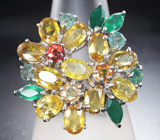 Эффектное серебряное кольцо с разноцветными сапфирами, изумрудами и хризопразом Серебро 925