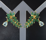 Оригинальные серебряные серьги с изумрудами и голубыми топазами Серебро 925