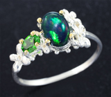 Серебряное кольцо с кристаллическим черным опалом и диопсидом Серебро 925